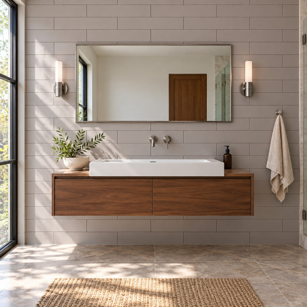 Venice Acero 4x24 porcelain tile bathroom scene