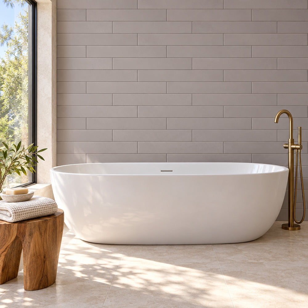 Venice Acero 4x24 porcelain tile bathroom scene