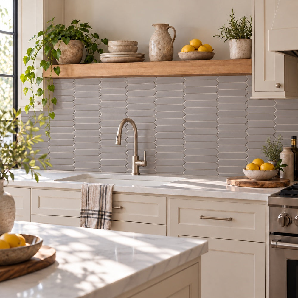 Venice Acero 2x10 picket ceramic tile kitchen backsplash at corrected scale