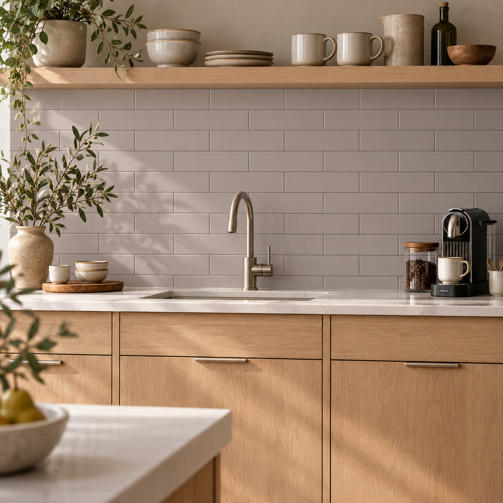 Venice Acero 2x10 ceramic tile kitchen scene