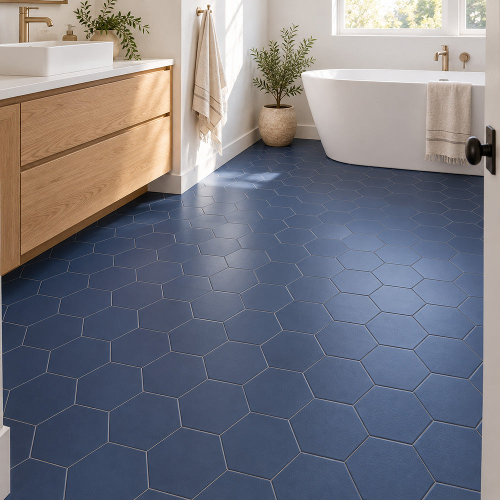 Venice Azul 5x6 hexagon porcelain tile bathroom floor scene