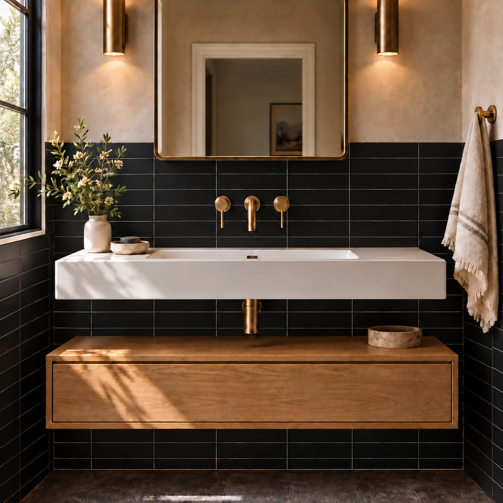 Venice Black 2x10 ceramic tile bathroom scene