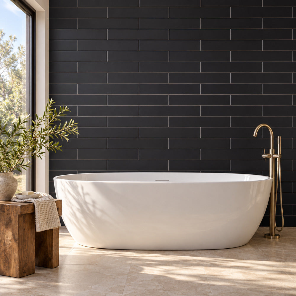 Venice Black 4x24 porcelain tile bathroom scene