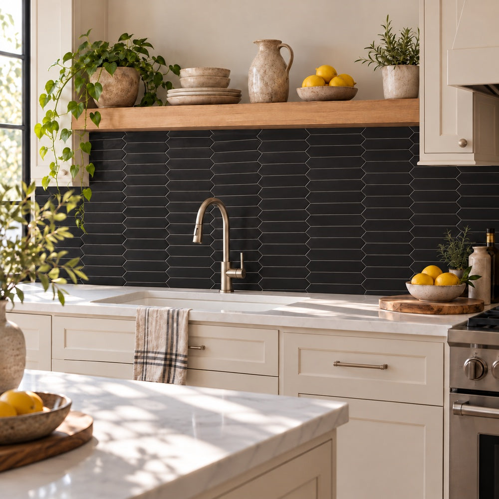 Venice Black 2x10 picket ceramic tile kitchen backsplash at corrected scale