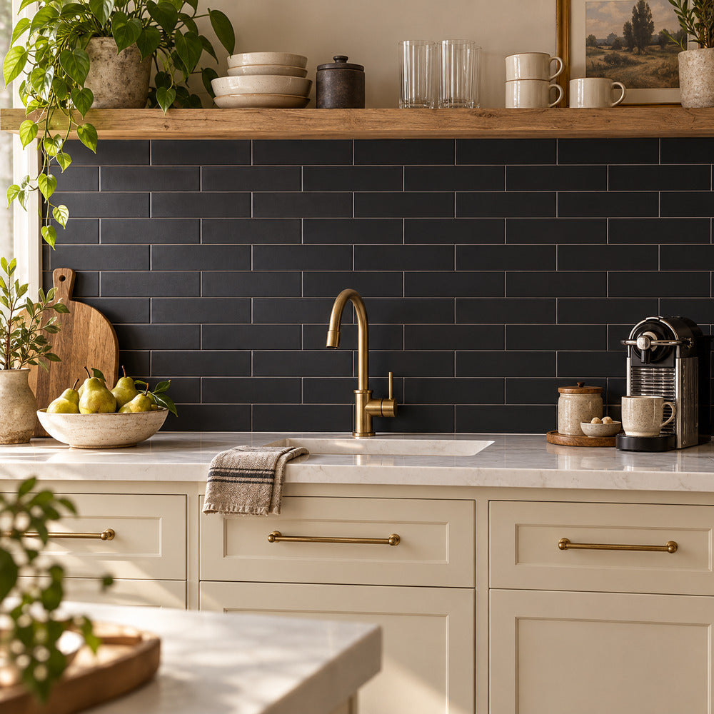Venice Black 2x10 ceramic tile kitchen scene