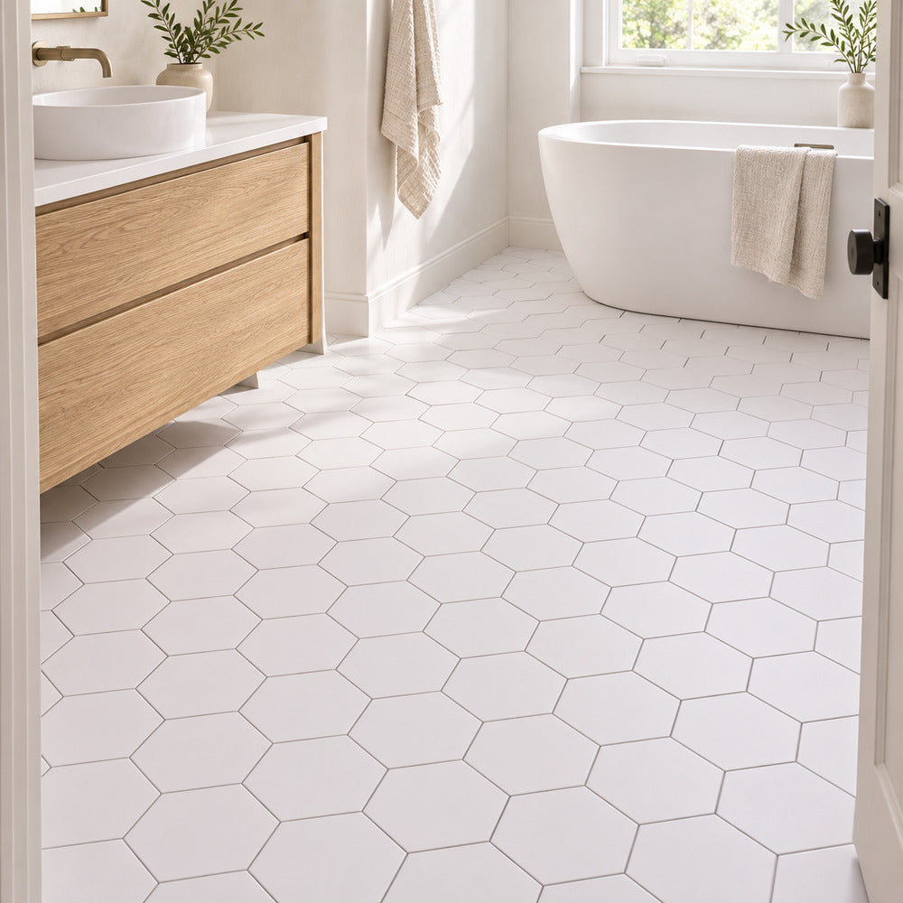 Venice Blanco 5x6 hexagon porcelain tile bathroom floor scene