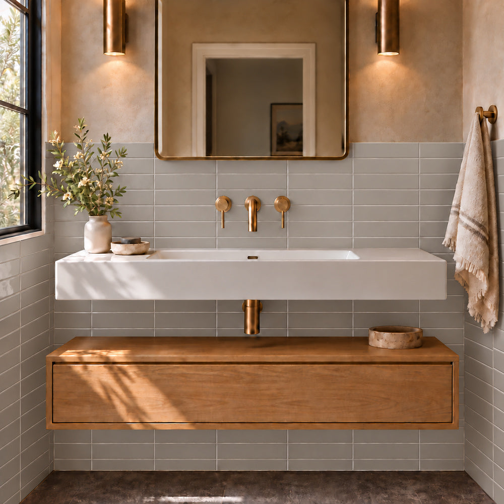 Venice Gris 2x10 ceramic wall tile in bathroom with straight aligned grout joints