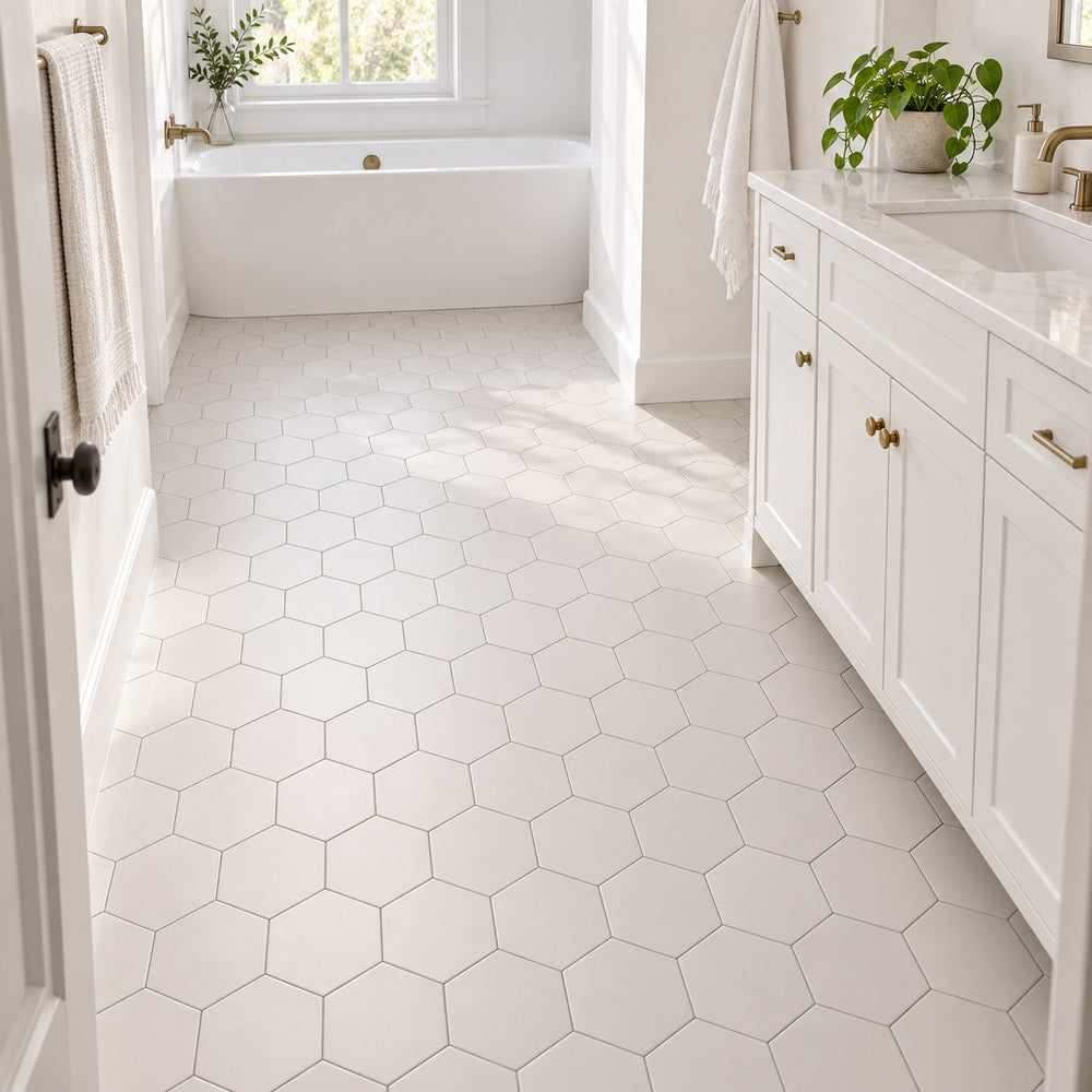 Venice Gris 5x6 hexagon porcelain tile bathroom floor scene