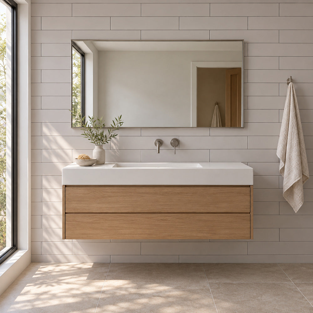 Venice Gris 4x24 porcelain tile bathroom scene