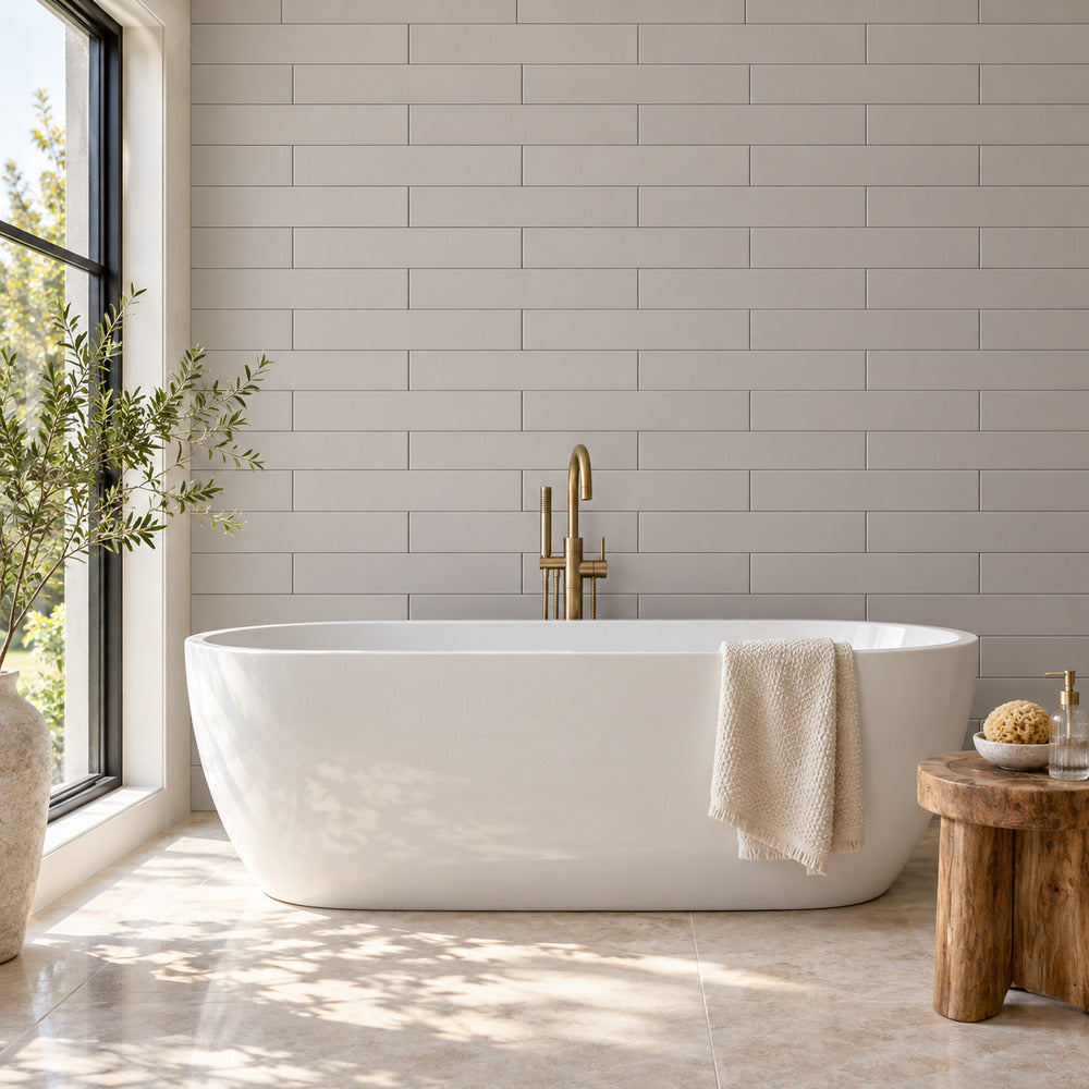 Venice Gris 4x24 porcelain tile bathroom scene