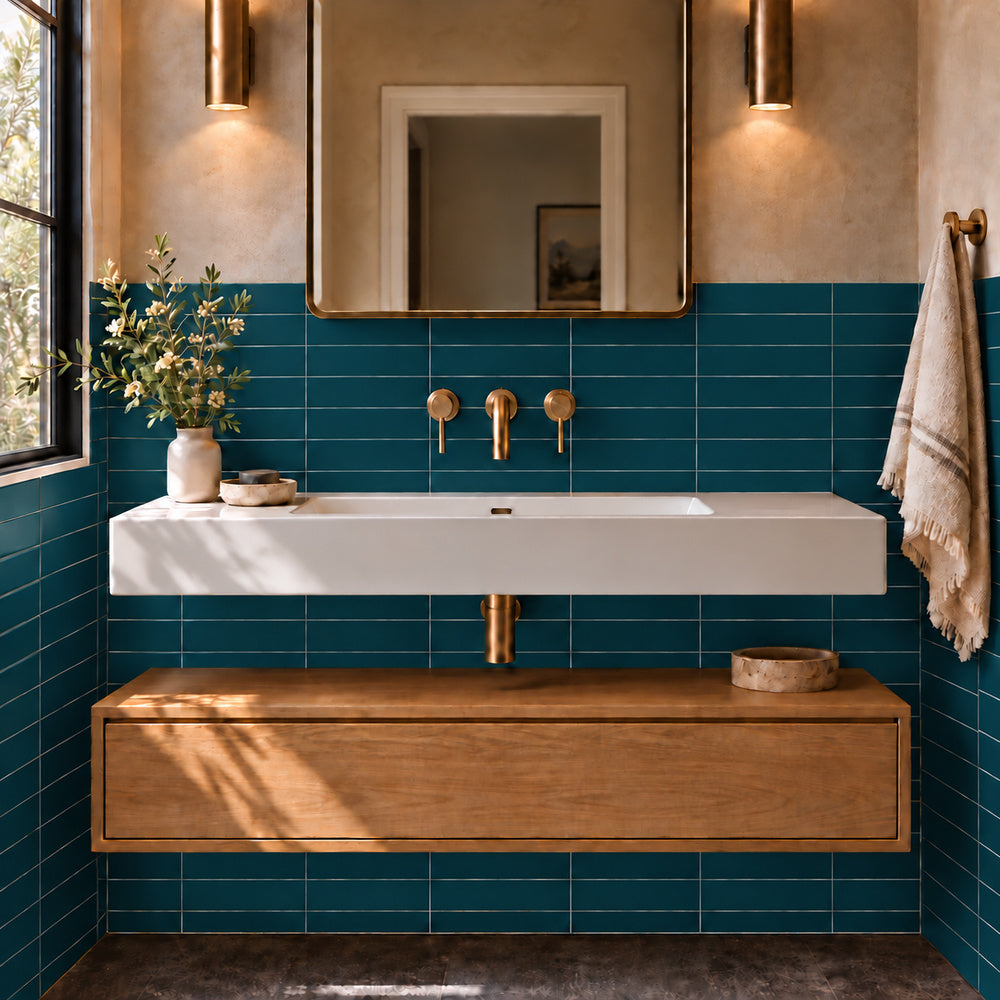 Venice Verde 2x10 ceramic wall tile in bathroom with straight aligned grout joints