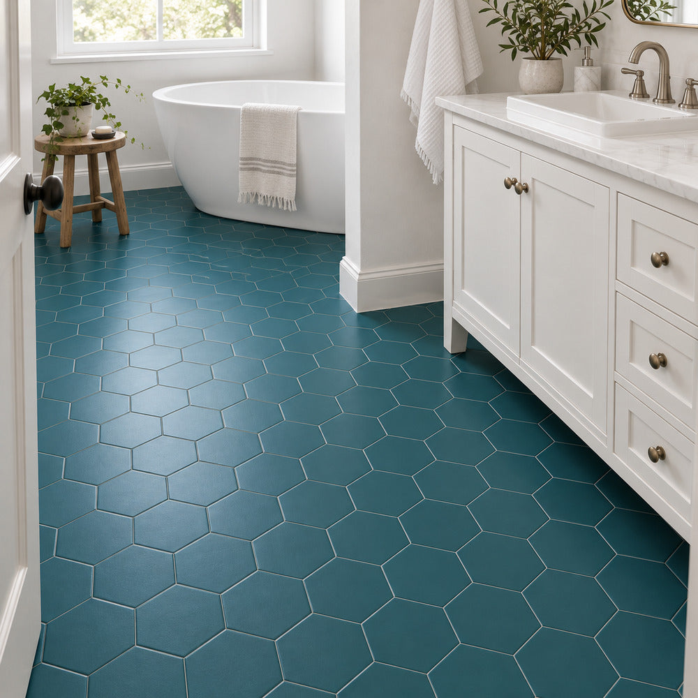 Venice Verde 5x6 hexagon porcelain tile bathroom floor scene