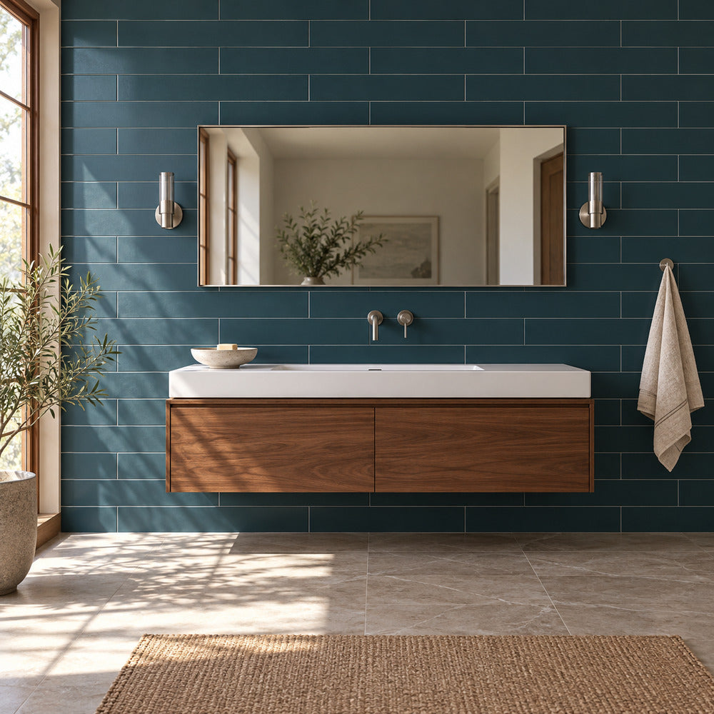Venice Verde 4x24 porcelain tile bathroom scene