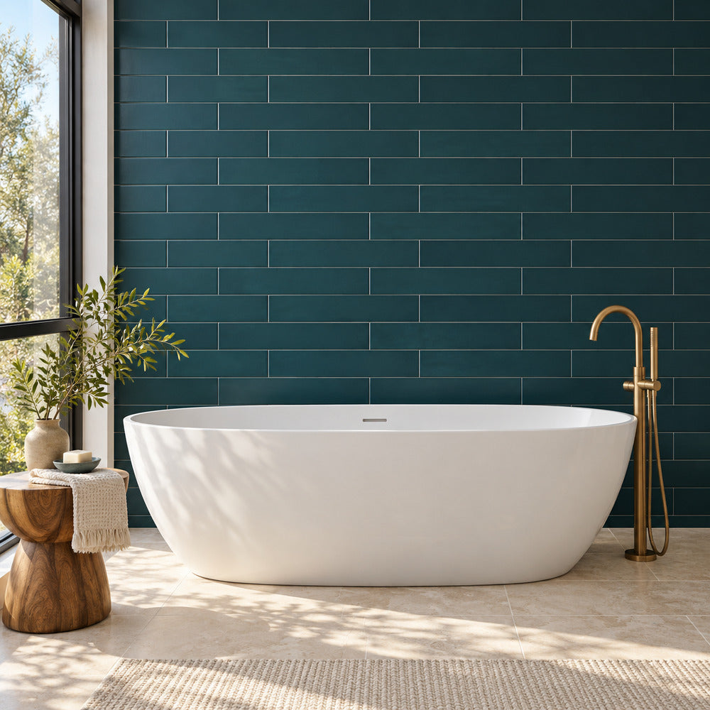 Venice Verde 4x24 porcelain tile bathroom scene