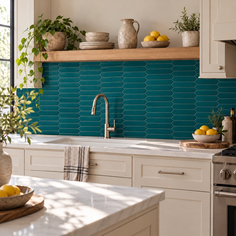 Venice Verde 2x10 picket ceramic tile kitchen backsplash at corrected scale