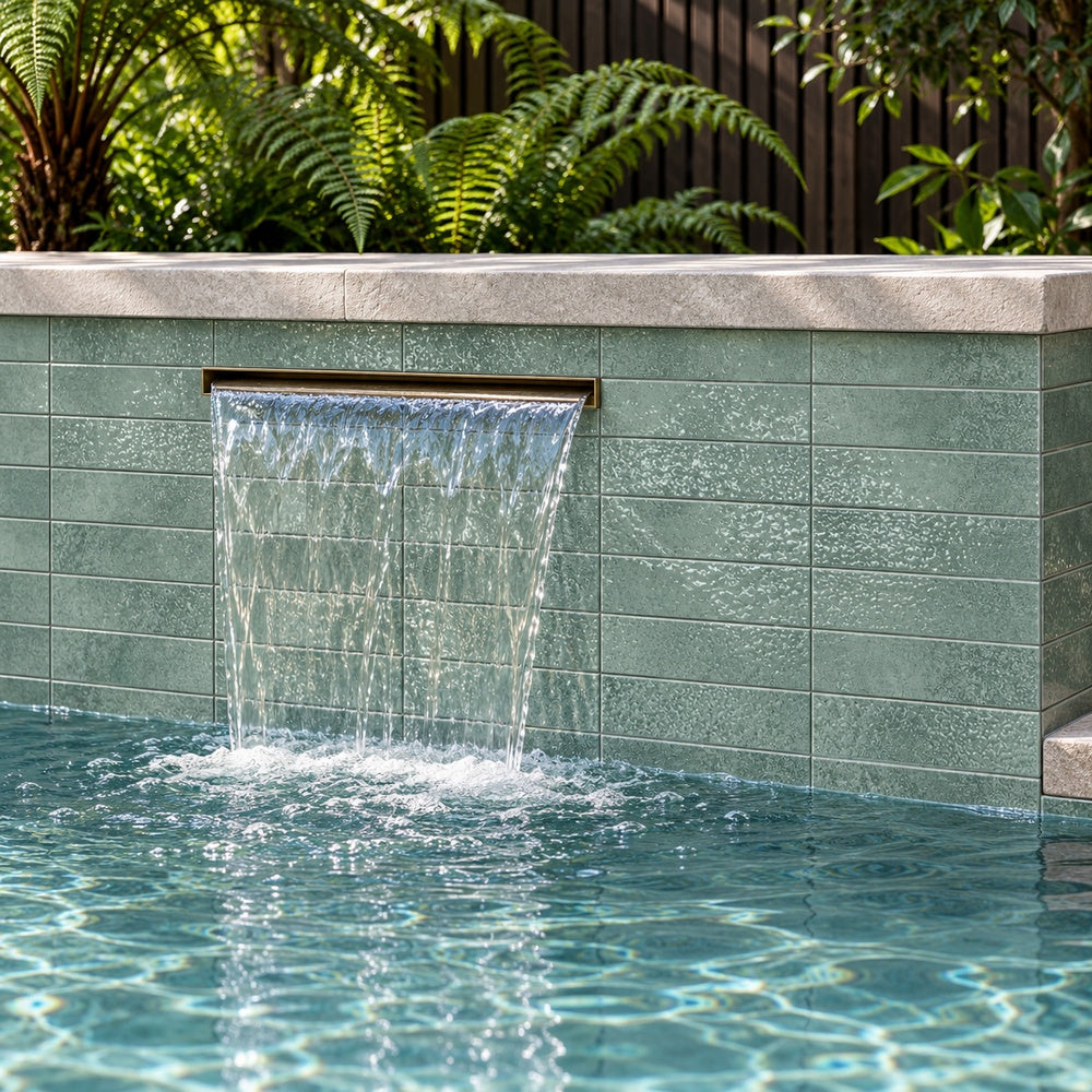 Verde Terra Teal 2.5x9 Bright garden pool spillway scene