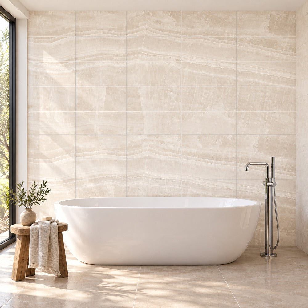 Vesper White 12x24 porcelain tile bathroom with freestanding bath