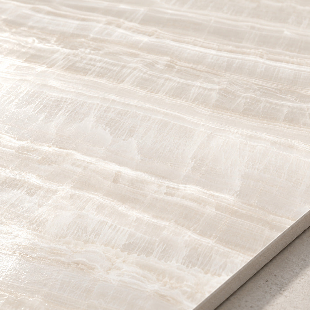 Vesper White porcelain onyx-look surface and edge detail