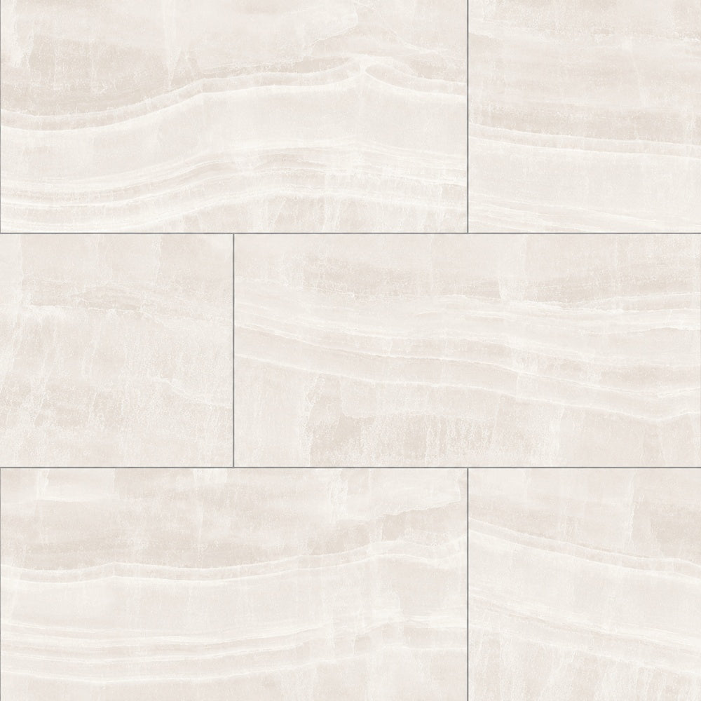 Vesper White 12x24 R Porcelain Tile Polished large-format installed close-up