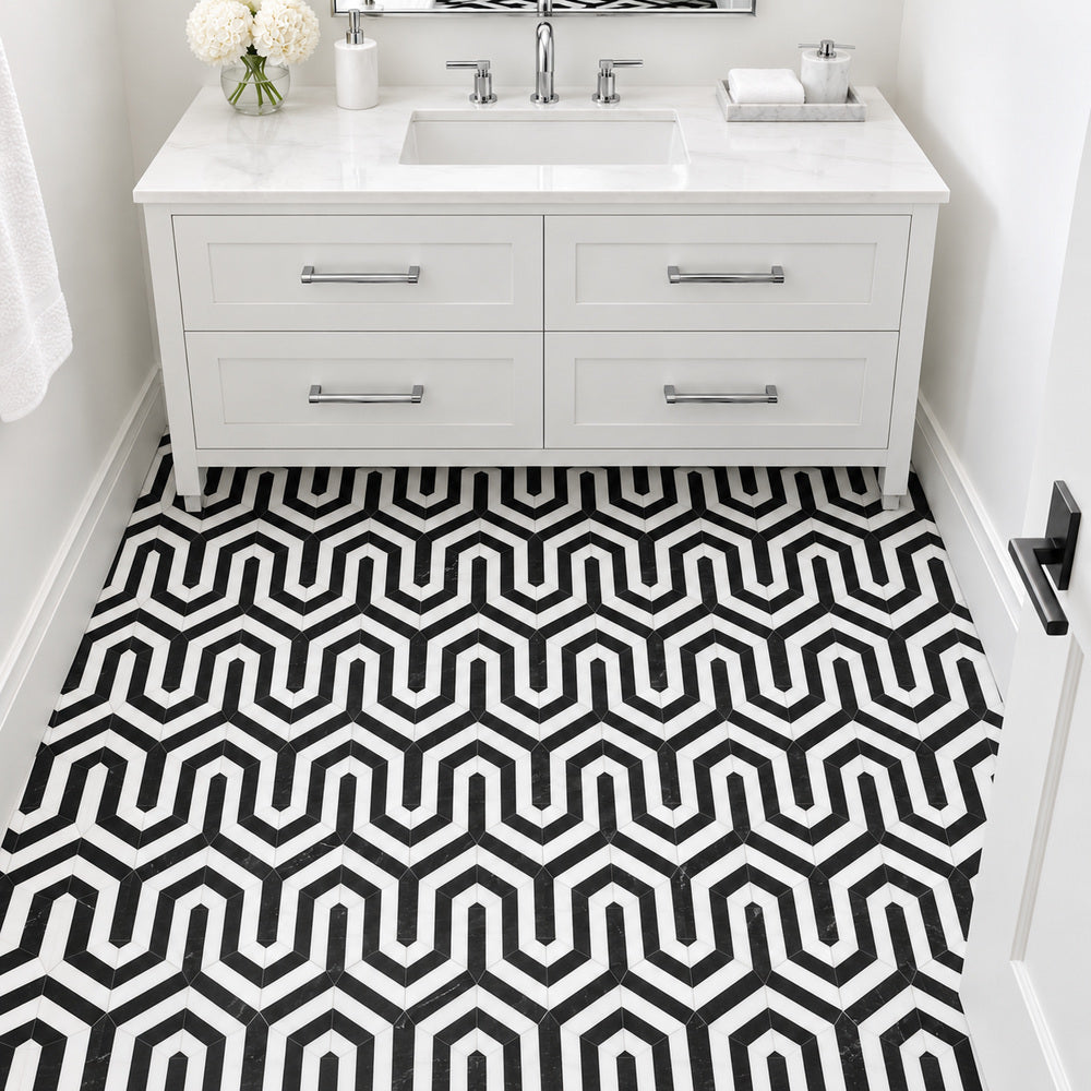Wiltz Thassos White & Black marble tile bathroom floor room scene