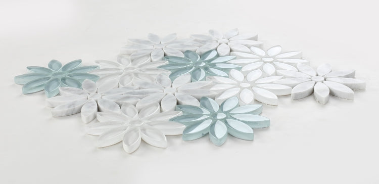Carrara White & Blue Glass Blend Daisy Flowers Mosaic Tilezz 