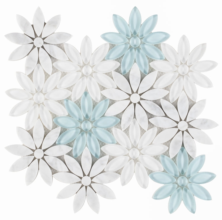 Carrara White & Blue Glass Blend Daisy Flowers Mosaic Tilezz 