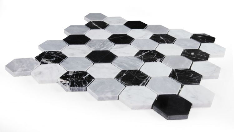 Black and White 2" Hexagon Marble Polished Stone Tilezz 