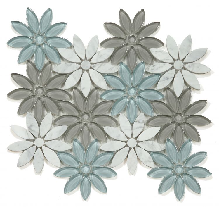 Carrara White Forest Glass Blend Daisy Flowers Mosaic Tilezz 