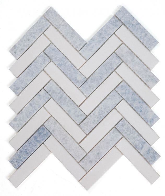 Thassos White & Azul Celeste ( Blue ) Herringbone 1X4 Mosaic Polished Stone Tilezz 