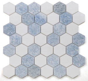 Thassos White & Azul Celeste (Blue) 2" Hexagon Marble Polished Stone Tilezz 