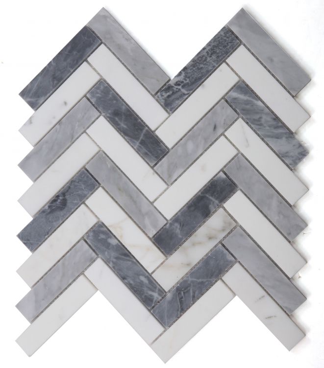 Carrara White & Bardiglio Marble Herringbone 1X4 Mosaic Polished Stone Tilezz 
