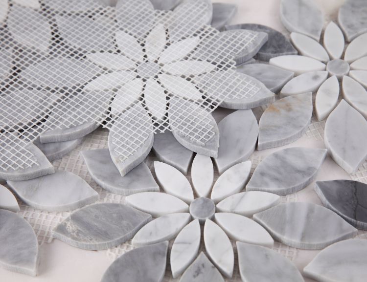 Bardiglio and Carrara White Daisy Flowers Mosaic Tilezz 
