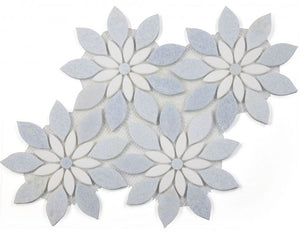 Thassos White and Azul Celeste (Blue) Daisy Flowers Mosaic Tilezz 