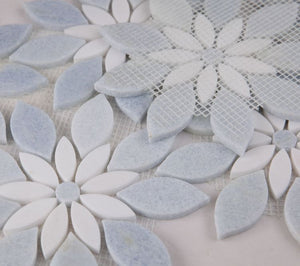 Thassos White and Azul Celeste (Blue) Daisy Flowers Mosaic Tilezz 