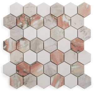 Rosa Norvegia & Thassos White 2" Hexagon Marble Polished Stone Tilezz 