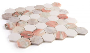 Rosa Norvegia & Thassos White 2" Hexagon Marble Polished Stone Tilezz 