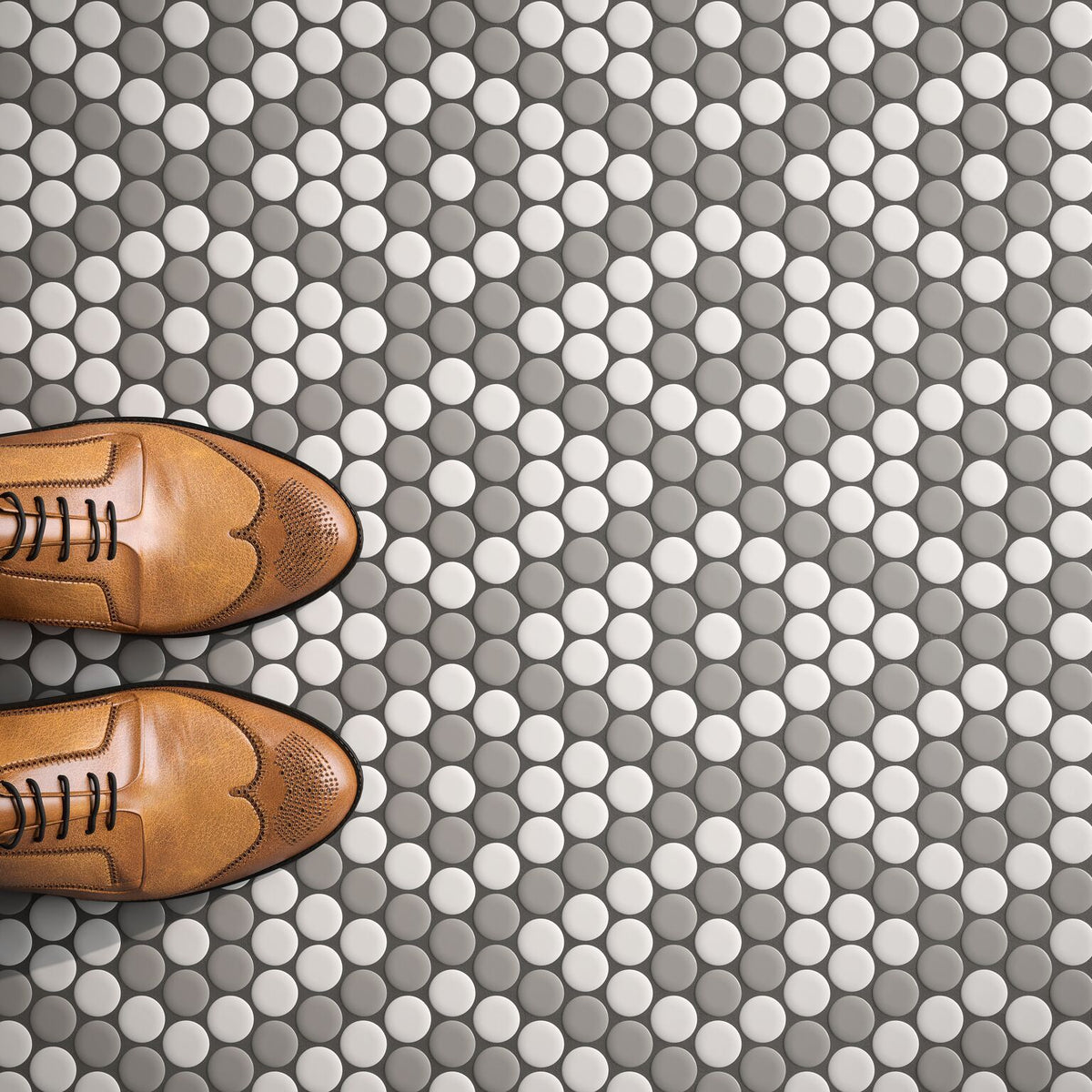 Simple City Gray and White Penny Round Ceramic Mosaic Tile Tilezz 