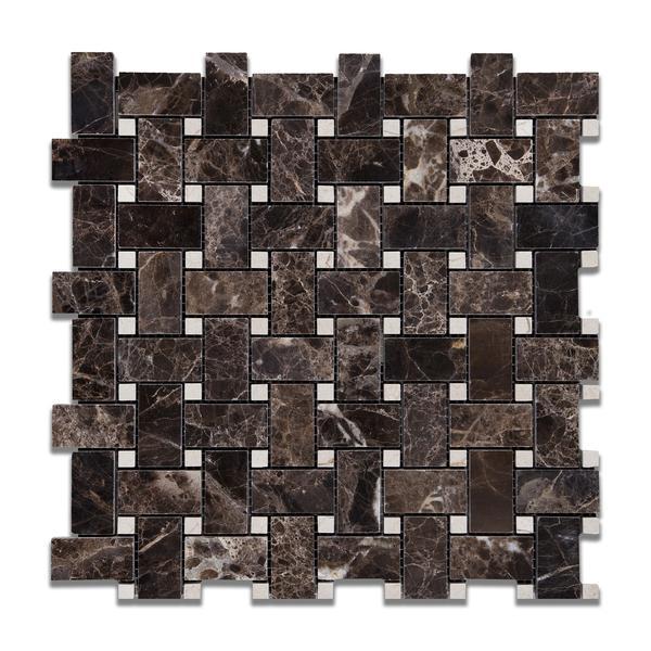 Emperador Dark Polished Basketweave w/ Crema Marfil Dots Mosaic Tile Stone Tilezz 