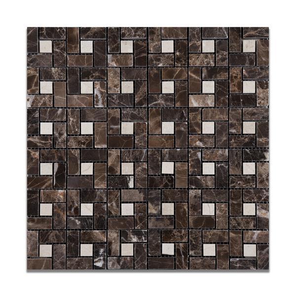 Emperador Dark Polished Pinwheel Mosaic Tile w/ Crema Marfil Dots Stone Tilezz 