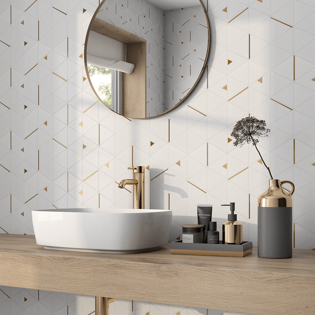 Thassos White + Gold Brass Triangle Marble Waterjet Mosaic Tilezz 