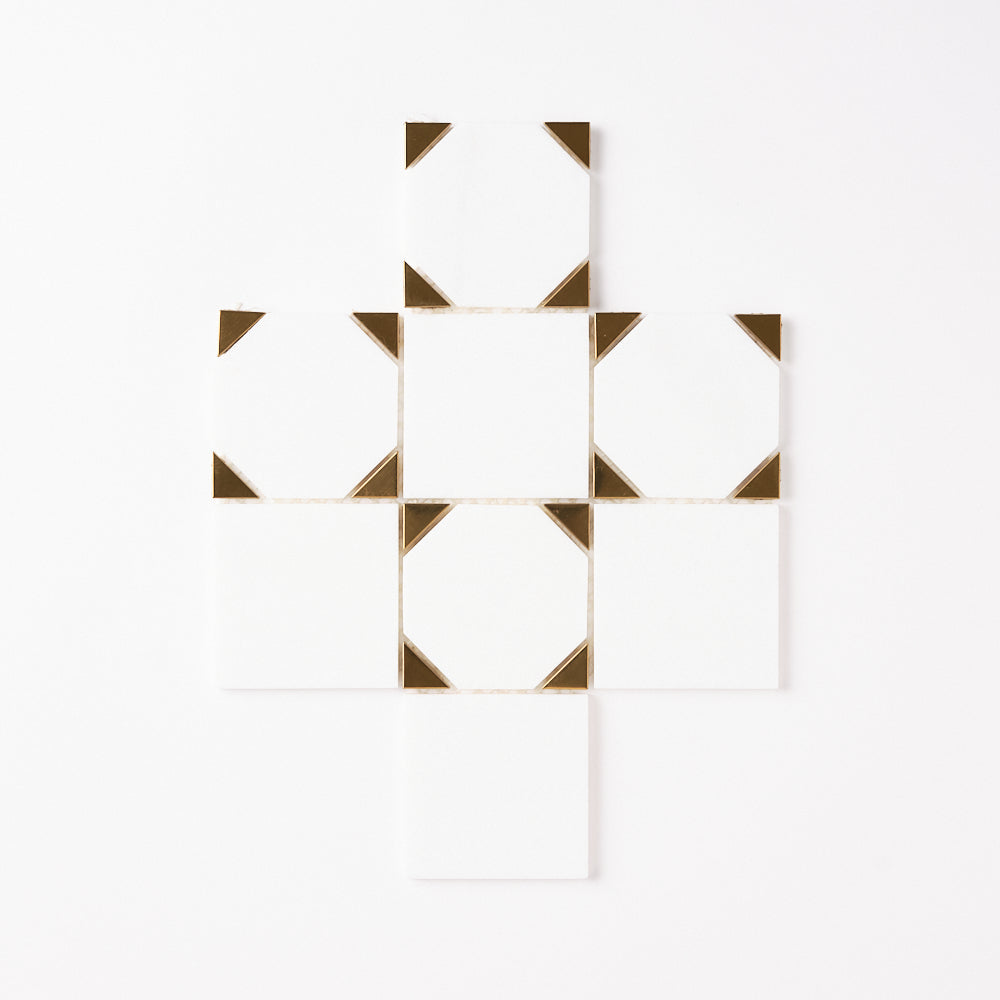 Glam Thassos White + Gold Brass Squares Marble Mosaic Tilezz 