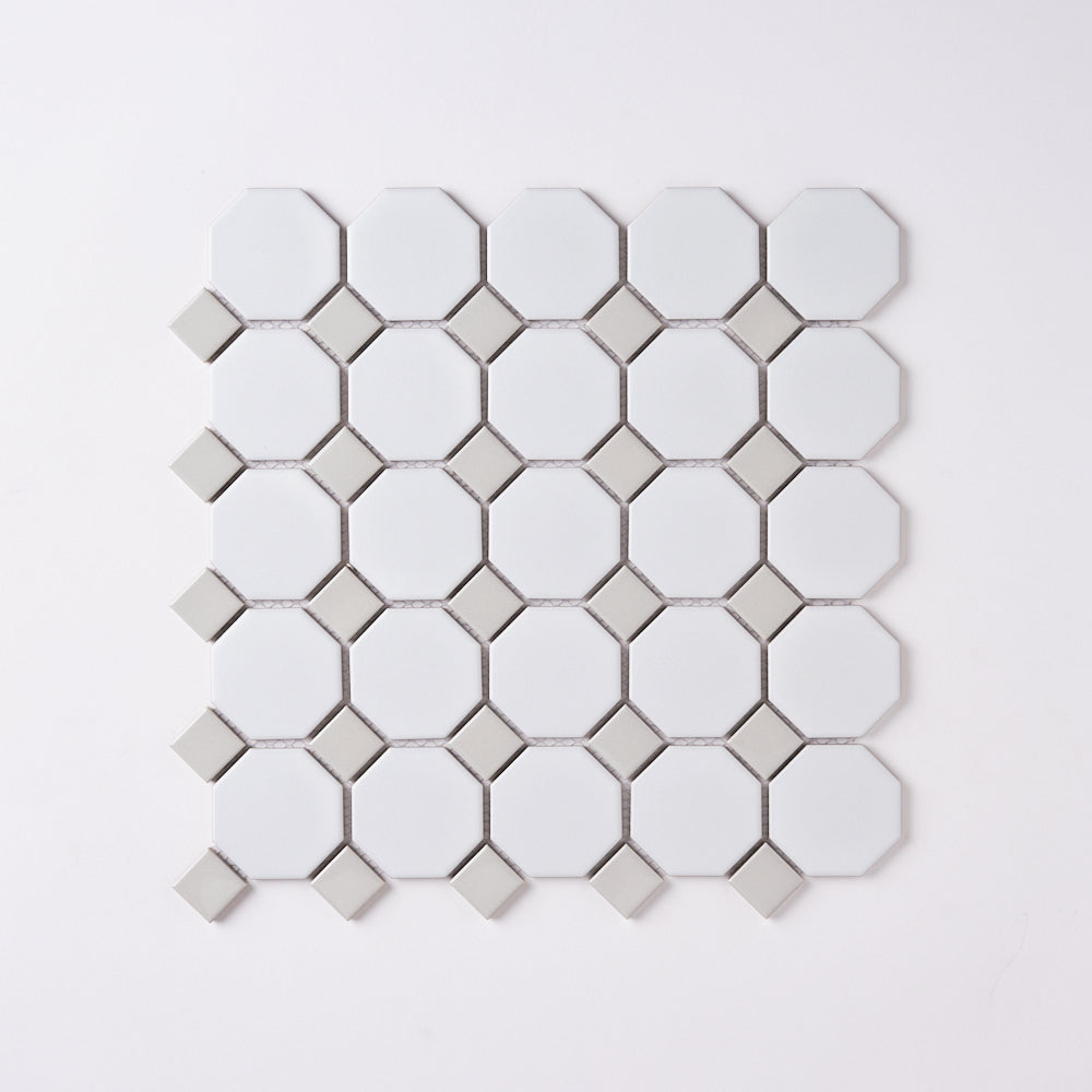 Simple White and Gray Octagon Ceramic Mosaic Matte Tilezz 