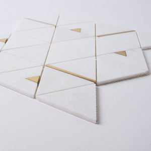 Glam Thassos White + Gold Brass Triangle Marble Mosaic Tilezz 