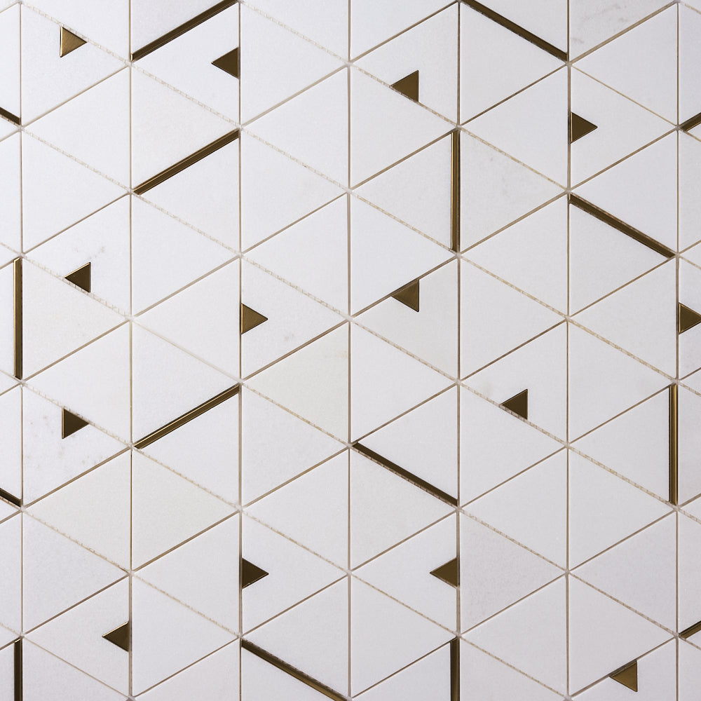 Glam Thassos White + Gold Brass Triangle Marble Mosaic Tilezz 