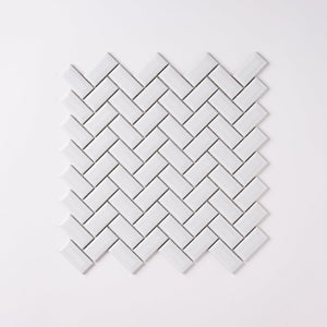 Simple White 1x2 Beveled Herringbone Ceramic Mosaic Glossy Tilezz 