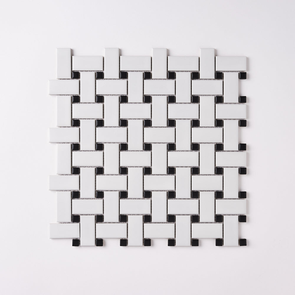 Simple White and Black Basketweave Ceramic Mosaic Matte Tilezz 