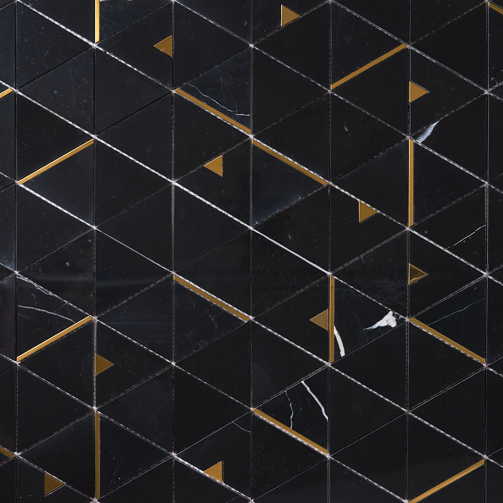 Glam Nero Marquina + Gold Brass Triangle Marble Mosaic Tilezz 
