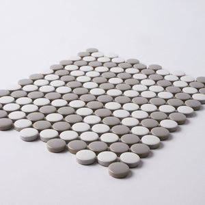Simple Gray and White Penny Round Ceramic Mosaic Matte Tilezz 
