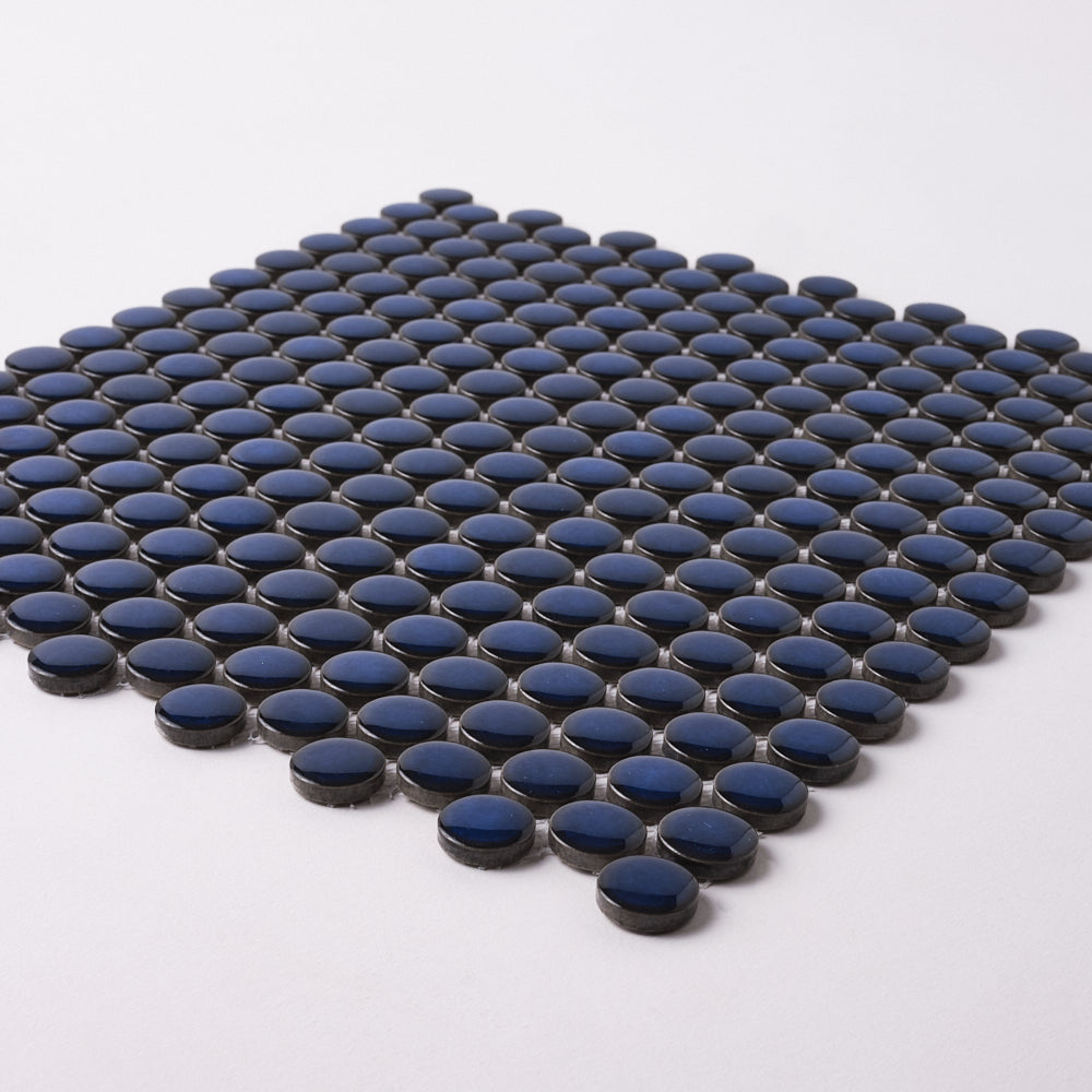 Simple Navy Blue Penny Round Ceramic Mosaic Glossy Tilezz 