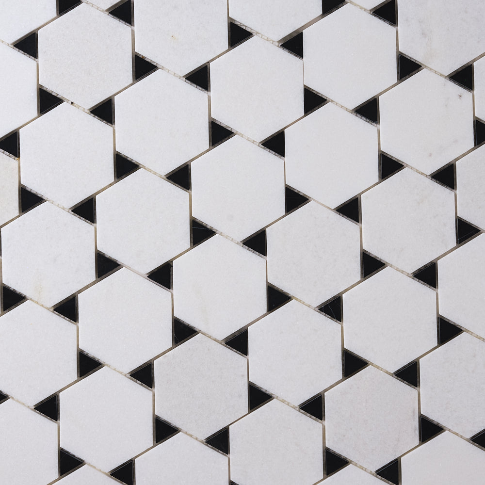 Glam Thassos White Hexy with Black Marble Tilezz 